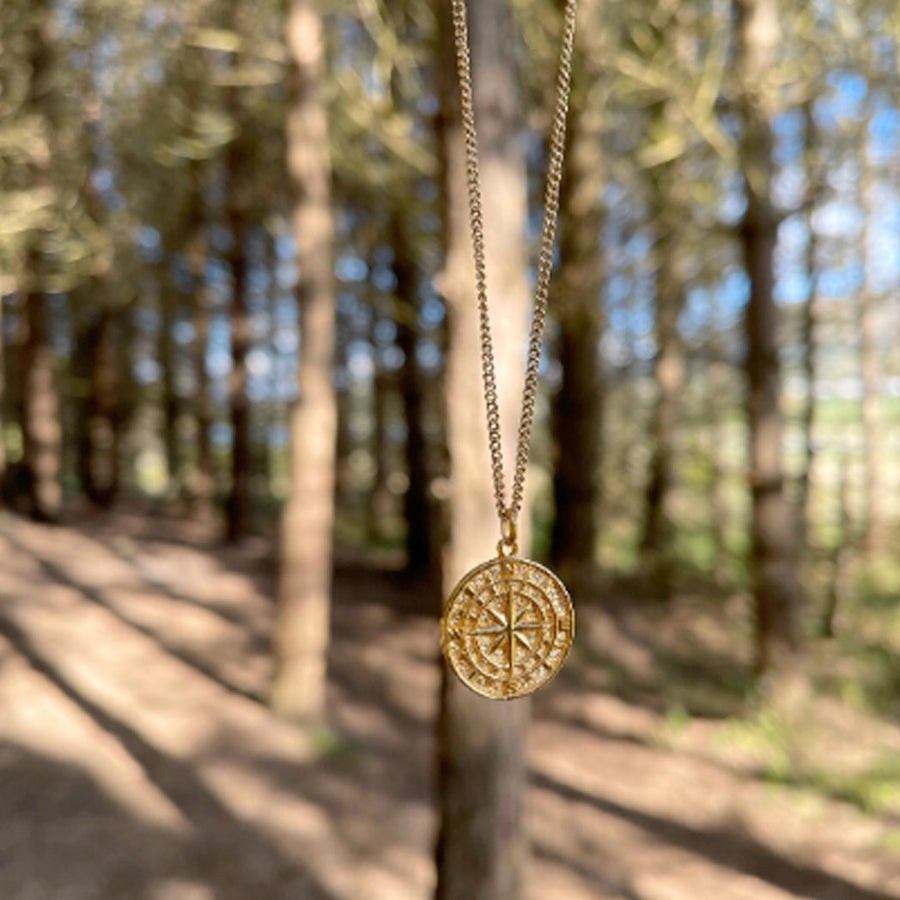 Gold Compass Necklace with Coordinates of Ireland