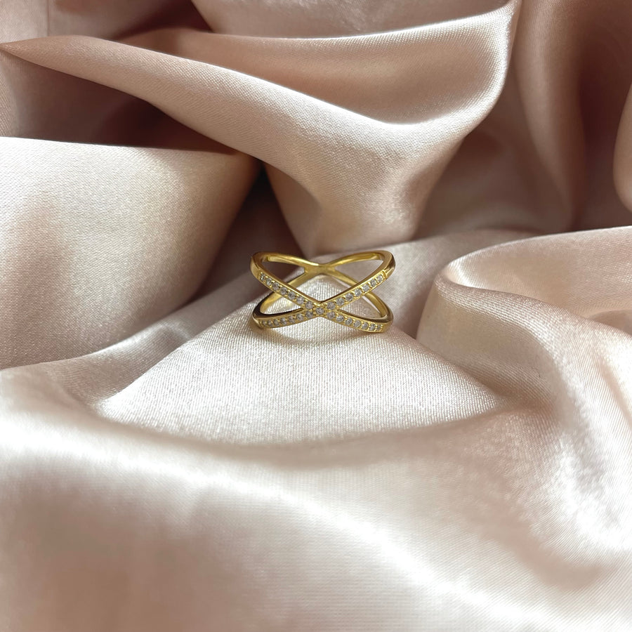 Gold Double X Ring with Cubic Zirconia