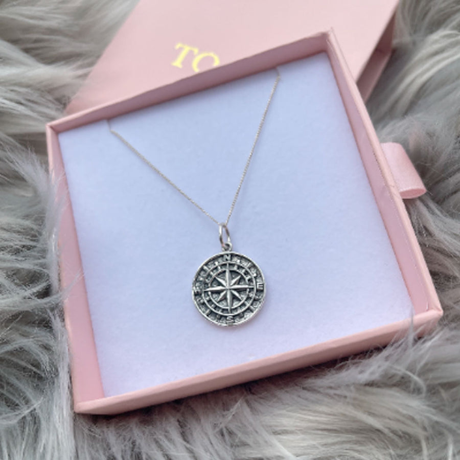 Silver Compass Necklace with Coordinates of Ireland