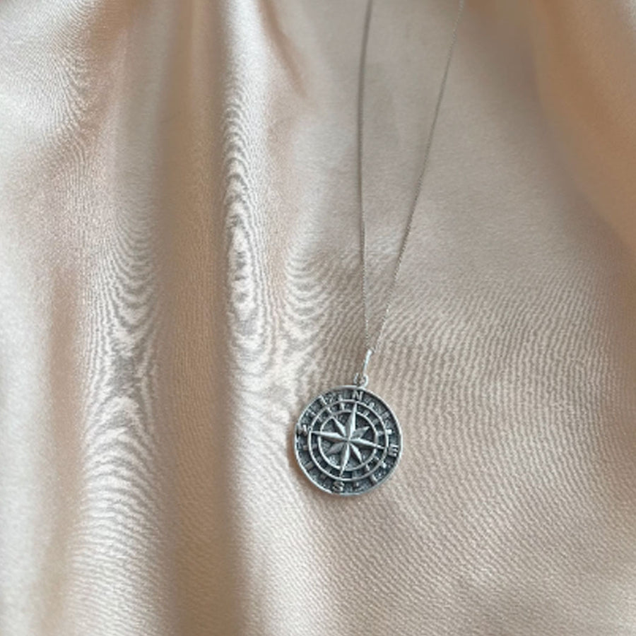 Silver Compass Necklace with Coordinates of Ireland